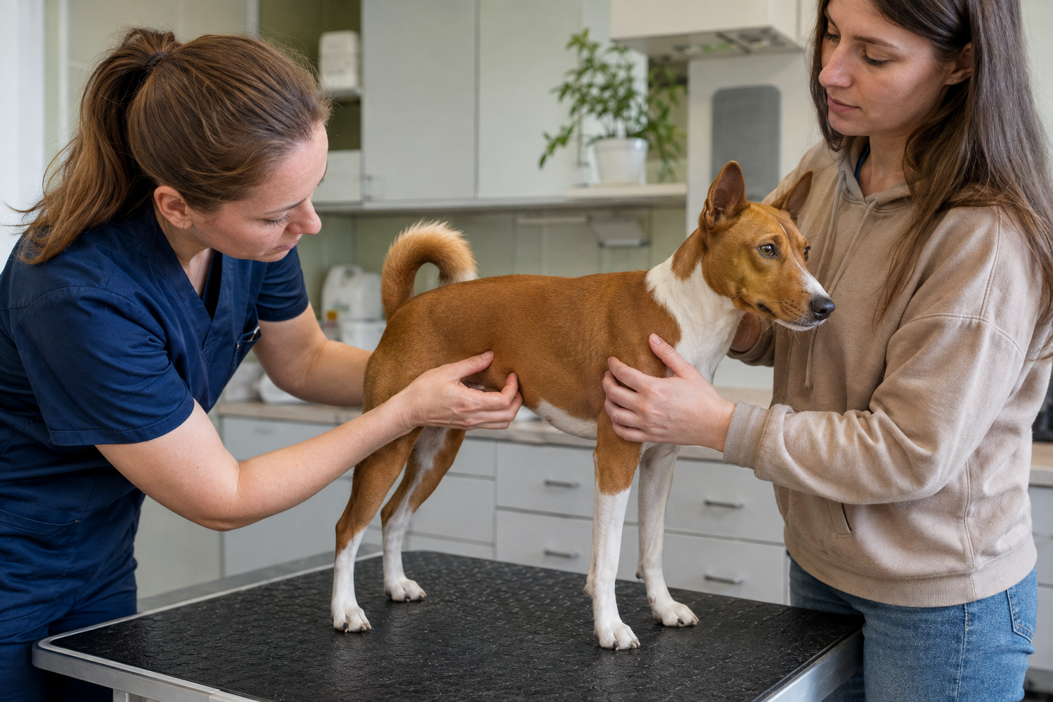 Veterinářka prohmatává podkožní bouli na boku psa